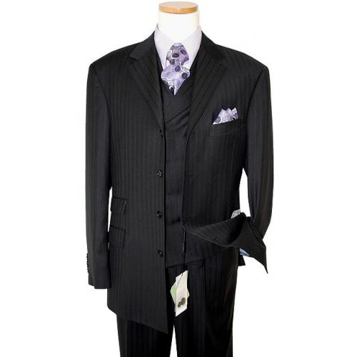 Steve Harvey Collection Black Shadow Stripes Super 120's Merino Wool Vested Suit 87543